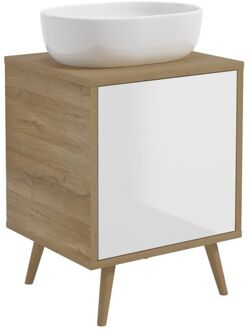 Wastafelonderkast Woody 50cm - Wit En Natuur Eik Glanzend - Met 1 Deur - Met Houten Poten - 50,1x49,7x45cm