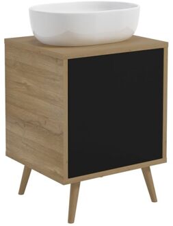 Wastafelonderkast Woody 50cm - Zwart Mat / Natuurlijk Eik - Met 1 Deur - Met Houten Poten - 50x56x39cm