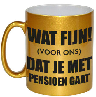 Wat fijn dat je met pensioen gaat gouden cadeau koffiemok / theebeker afscheidscadeau 330 ml - feest mokken Goudkleurig