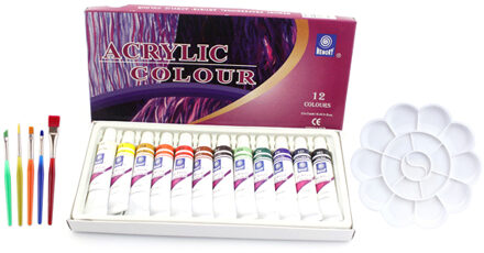 Waterbestendig 12 Kleuren 12 ML Tube Acrylverf set briefpapier set kleur met 5 kwast palet Art schilderen stof set