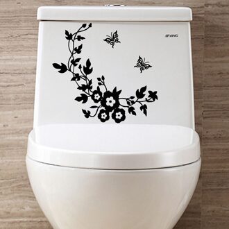 Waterdichte Bloem Toiletbril Muursticker Badkamer Decoratie Decals Decor Vlinder Muurschildering zwart