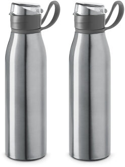 Waterfles - 2x - 650 ml - aluminium - klepdop - handvat - zilver - sportfles - bpa-vrij
