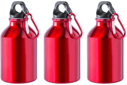 Waterfles - 6x - Rood - Aluminium - 330 ml - schroefdop - met Karabijnhaak - Bidon