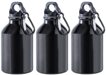 Waterfles - 6x - Zwart - Aluminium - 330 ml - schroefdop - met Karabijnhaak - Bidon