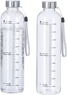 Waterfles/drinkfles - 2x - motivatiefles - transparant - met RVS dop - 1000 ml - D7 cm