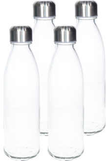 Waterfles/drinkfles - 4x - transparant - met RVS dop - 650 ml - glas - Sportfles - Bidon