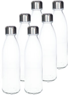 Waterfles/drinkfles - 6x - transparant - met RVS dop - 650 ml - glas - Sportfles - Bidon