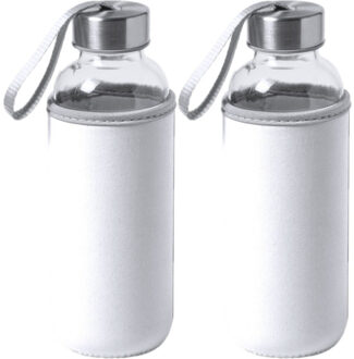 Waterfles/drinkfles Bidon - 2x - met softshell bescherm hoes - wit - glas - 420 ml - Sportfles