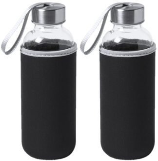 Waterfles/drinkfles Bidon - 2x - met softshell bescherm hoes - zwart - glas - 420 ml - Sportfles