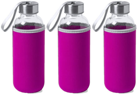 Waterfles/drinkfles Bidon - 3x - met softshell bescherm hoes - roze - glas - 420 ml - Sportfles