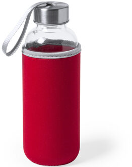 Waterfles/drinkfles Bidon - met softshell bescherm hoes - rood - glas - 420 ml - Sportfles