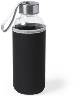 Waterfles/drinkfles Bidon - met softshell bescherm hoes - zwart - glas - 420 ml - Sportfles