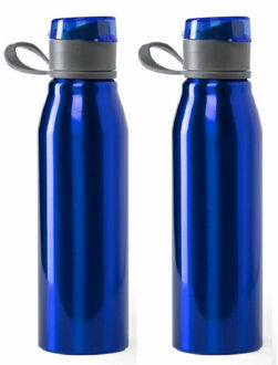 Waterfles / drinkfles / bidon / sportfles - 2x - Aluminium - metallic blauw - schroefdop - 700 ml