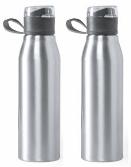 Waterfles / drinkfles / bidon / sportfles - 2x - Aluminium - metallic zilver - schroefdop - 700 ml