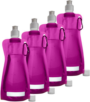 Waterfles/drinkfles opvouwbaar - 10x - fuchsia roze - kunststof - 420 ml - schroefdop - karabijnhaak