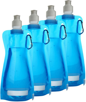 Waterfles/drinkfles opvouwbaar - 10x - lichtblauw - kunststof - 420 ml - schroefdop - karabijnhaak