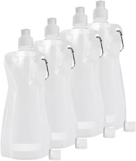 Waterfles/drinkfles opvouwbaar - 10x - wit - kunststof - 420 ml - schroefdop - karabijnhaak