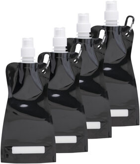 Waterfles/drinkfles opvouwbaar - 10x - zwart - kunststof - 420 ml - schroefdop - karabijnhaak