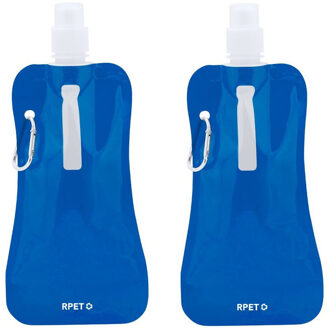 Waterfles / drinkfles opvouwbaar - 2x - blauw - kunststof - 400 ml - schroefdop - ophanghaak