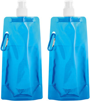 Waterfles/drinkfles opvouwbaar - 2x - blauw - kunststof - 460 ml - schroefdop - waterzak