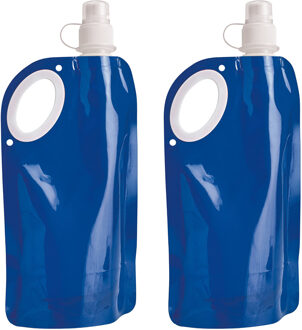 Waterfles/drinkfles opvouwbaar - 2x - blauw - kunststof - 770 ml - schroefdop - waterzak - Drinkflessen