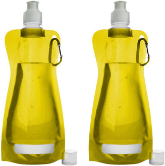 Waterfles/drinkfles opvouwbaar - 2x - geel - kunststof - 420 ml - schroefdop - karabijnhaak