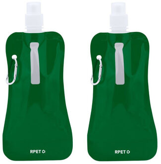 Waterfles / drinkfles opvouwbaar - 2x - groen - kunststof - 400 ml - schroefdop - ophanghaak