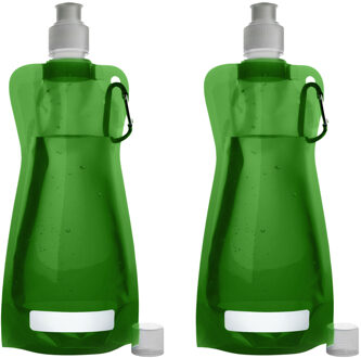 Waterfles/drinkfles opvouwbaar - 2x - groen - kunststof - 420 ml - schroefdop - karabijnhaak