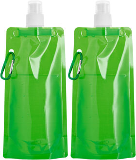 Waterfles/drinkfles opvouwbaar - 2x - groen - kunststof - 460 ml - schroefdop - waterzak