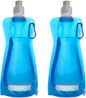 Waterfles/drinkfles opvouwbaar - 2x - lichtblauw - kunststof - 420 ml - schroefdop - karabijnhaak