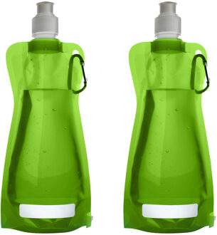 Waterfles/drinkfles opvouwbaar - 2x - lichtgroen - kunststof - 420 ml - schroefdop - karabijnhaak