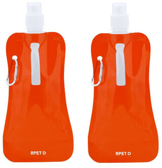 Waterfles / drinkfles opvouwbaar - 2x - oranje - kunststof - 400 ml - schroefdop - ophanghaak