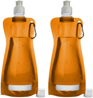 Waterfles/drinkfles opvouwbaar - 2x - oranje - kunststof - 420 ml - schroefdop - karabijnhaak
