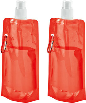 Waterfles/drinkfles opvouwbaar - 2x - oranje - kunststof - 460 ml - schroefdop - waterzak