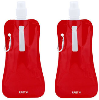 Waterfles / drinkfles opvouwbaar - 2x - rood - kunststof - 400 ml - schroefdop - ophanghaak
