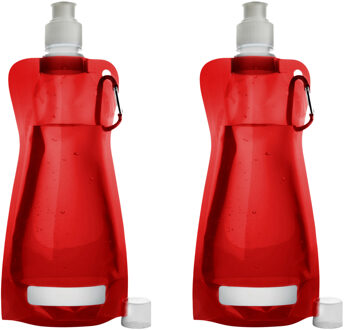 Waterfles/drinkfles opvouwbaar - 2x - rood - kunststof - 420 ml - schroefdop - karabijnhaak