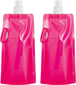 Waterfles/drinkfles opvouwbaar - 2x - roze - kunststof - 460 ml - schroefdop - waterzak