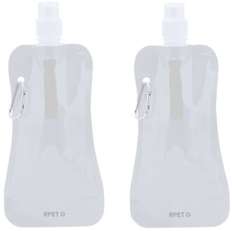 Waterfles / drinkfles opvouwbaar - 2x - wit - kunststof - 400 ml - schroefdop - ophanghaak