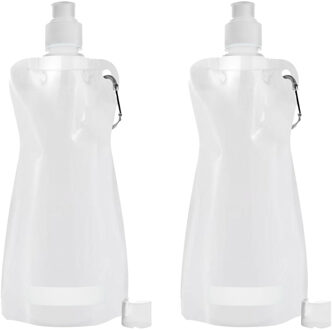 Waterfles/drinkfles opvouwbaar - 2x - wit - kunststof - 420 ml - schroefdop - karabijnhaak