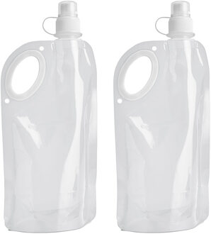 Waterfles/drinkfles opvouwbaar - 2x - wit - kunststof - 770 ml - schroefdop - waterzak
