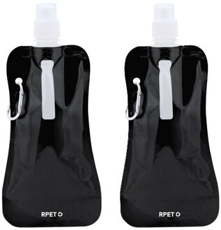 Waterfles / drinkfles opvouwbaar - 2x - zwart - kunststof - 400 ml - schroefdop - ophanghaak