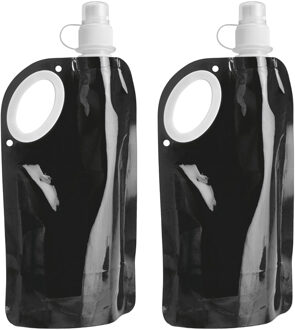 Waterfles/drinkfles opvouwbaar - 2x - zwart - kunststof - 770 ml - schroefdop - waterzak