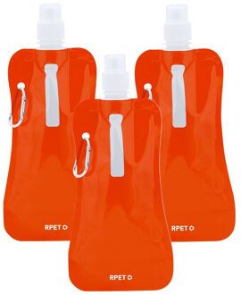 Waterfles / drinkfles opvouwbaar - 3x - oranje - kunststof - 400 ml - schroefdop - ophanghaak
