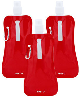 Waterfles / drinkfles opvouwbaar - 3x - rood - kunststof - 400 ml - schroefdop - ophanghaak