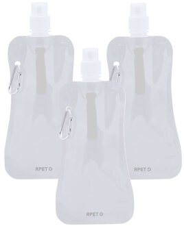 Waterfles / drinkfles opvouwbaar - 3x - wit - kunststof - 400 ml - schroefdop - ophanghaak