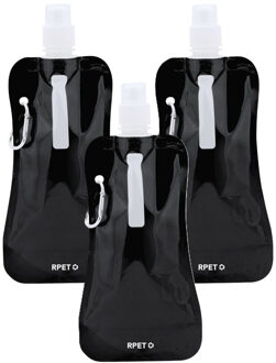 Waterfles / drinkfles opvouwbaar - 3x - zwart - kunststof - 400 ml - schroefdop - ophanghaak