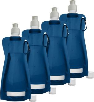 Waterfles/drinkfles opvouwbaar - 4x - blauw - kunststof - 420 ml - schroefdop - karabijnhaak