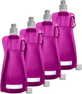 Waterfles/drinkfles opvouwbaar - 4x - fuchsia roze - kunststof - 420 ml - schroefdop - karabijnhaak