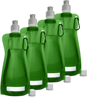 Waterfles/drinkfles opvouwbaar - 4x - groen - kunststof - 420 ml - schroefdop - karabijnhaak