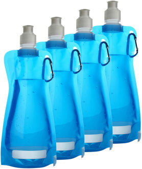 Waterfles/drinkfles opvouwbaar - 4x - lichtblauw - kunststof - 420 ml - schroefdop - karabijnhaak